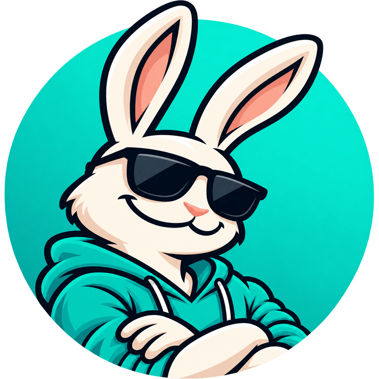 Rabbits Foot mascot — a white rabbit in sunglasses and a teal hoodie, arms crossed